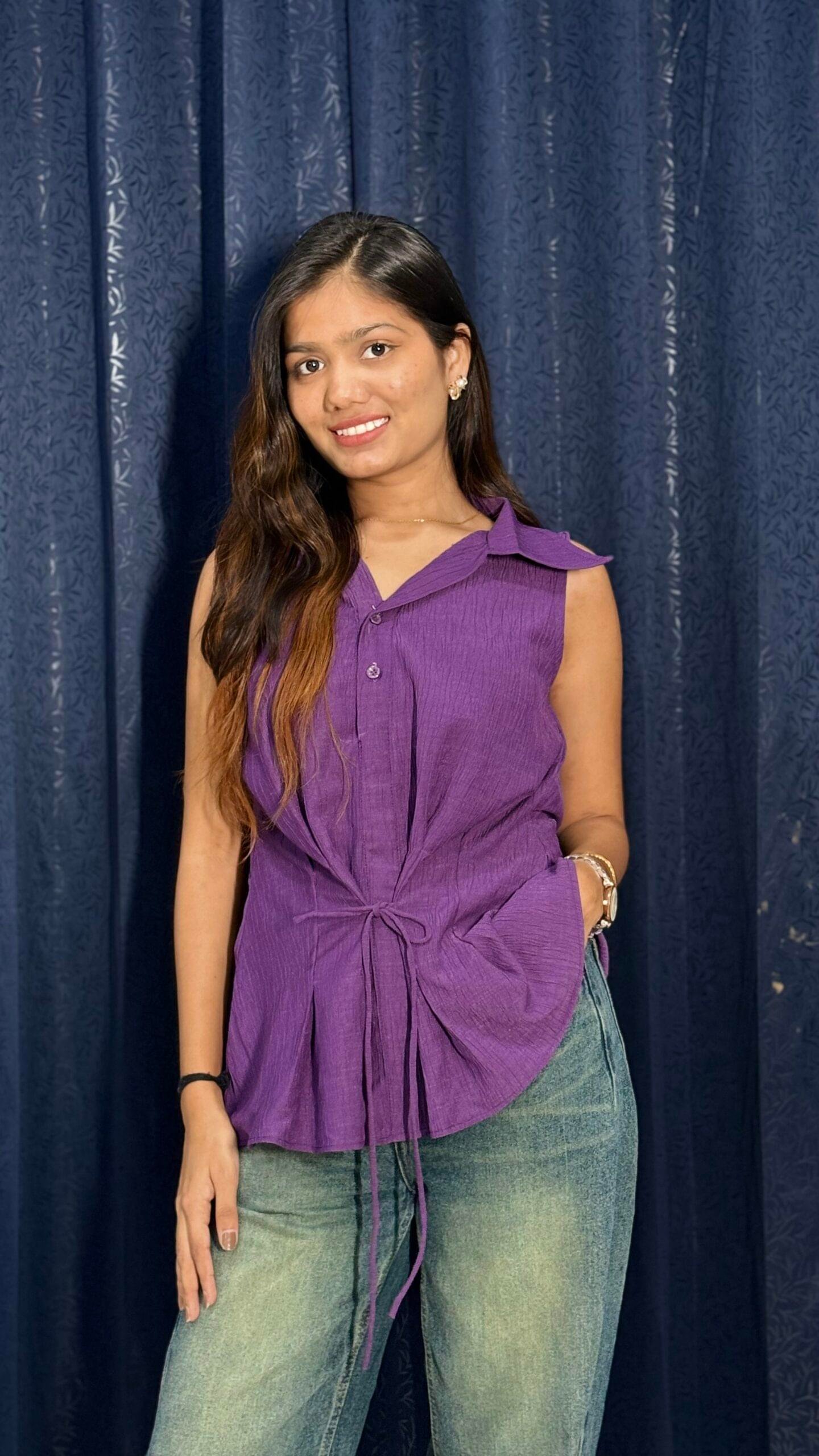 Purple Tie-Front Sleeveless Collar Top - Image 1