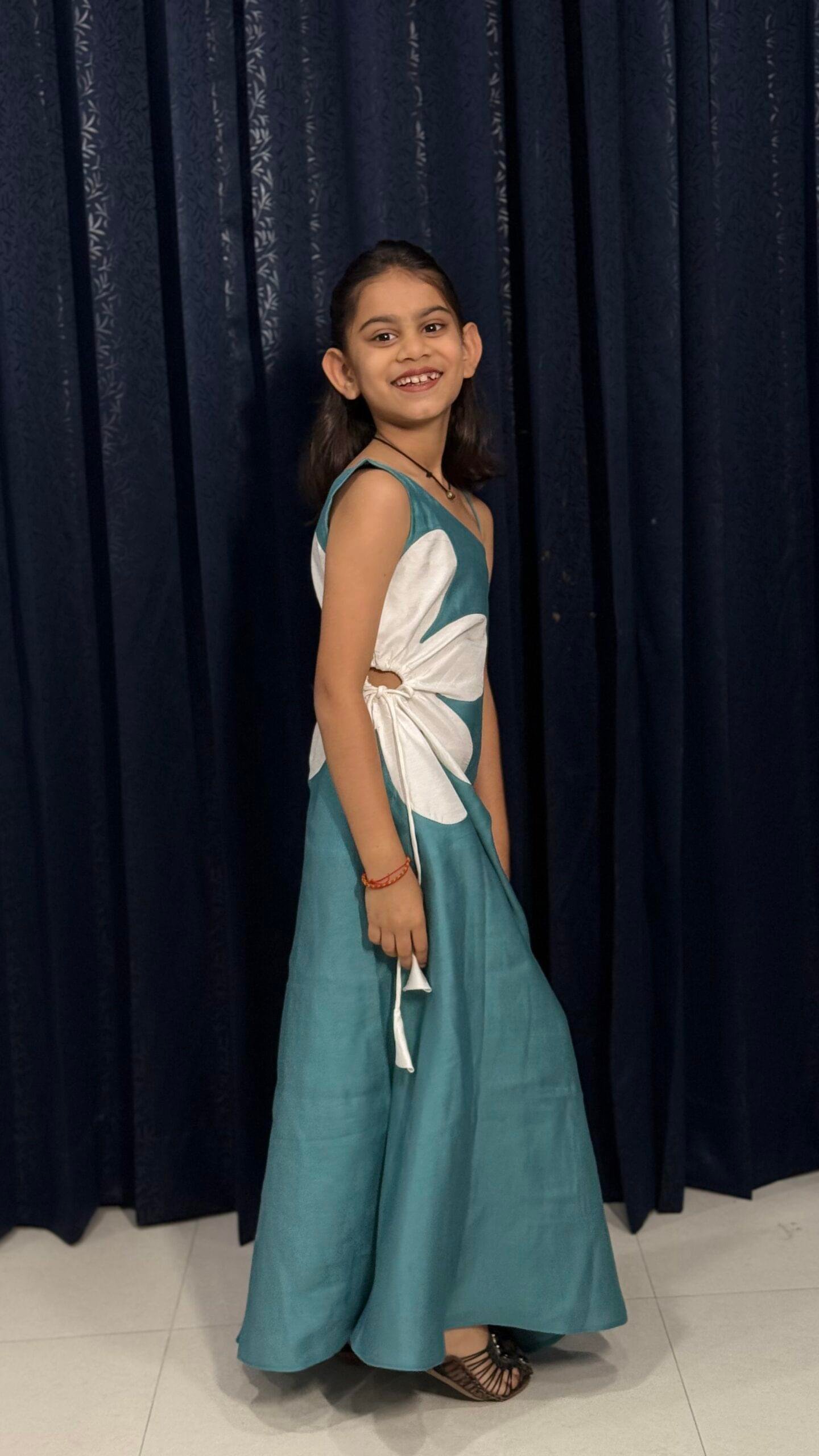 Teal Bloom Floral Appliqué One-Shoulder Maxi Dress — Girls - Image 2