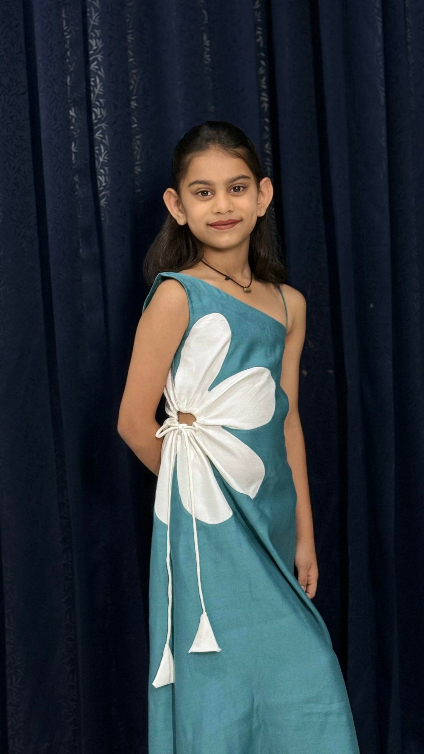 IMG_0922 Teal Bloom Floral Appliqué One-Shoulder Maxi Dress — Girls - Image 1